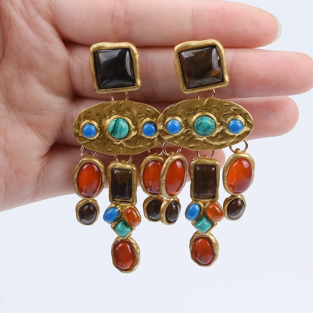 

Bohemian National Style Earrings Gemstone Geometric Tribal Earring Ethnic Retro Stone Ear Stud Mexico Gypsy Jewelry Eardrop Gift