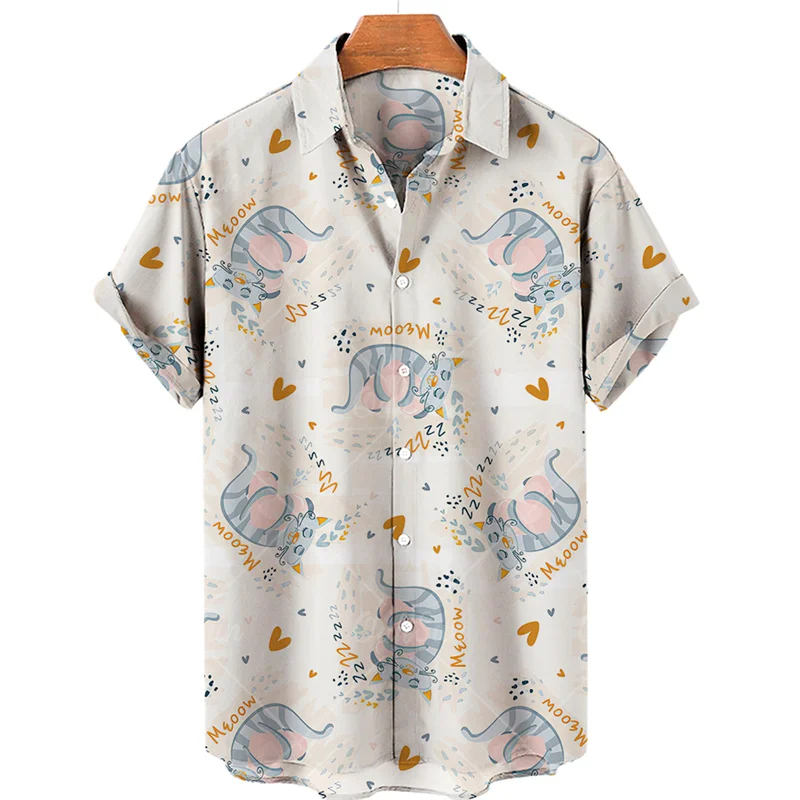 2023 Summer Cat Print Hawaiian Shirt Men's Beach Vacation Casual Tops Plus Size Loose And Simple Outdoor 3XL Button Shirts 4