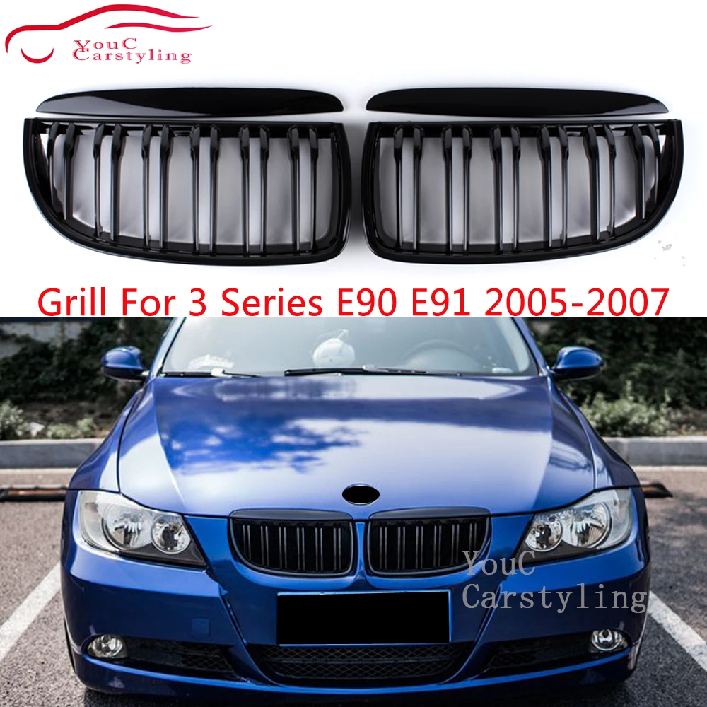 

E90 Front Kidney Grill Pre-facelift Dual Slat Grille for BMW 3 Series E90 E91 Sedan Wagon 2005 2006 2007 Gloss Black Hood Mesh