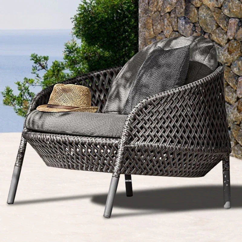 Nordic Rattan Outdoor Garden Sofas Courtyard Backrest Armchair Sofa Leisure Outdoor Garden Furniture Rattan Single Sofa Chair