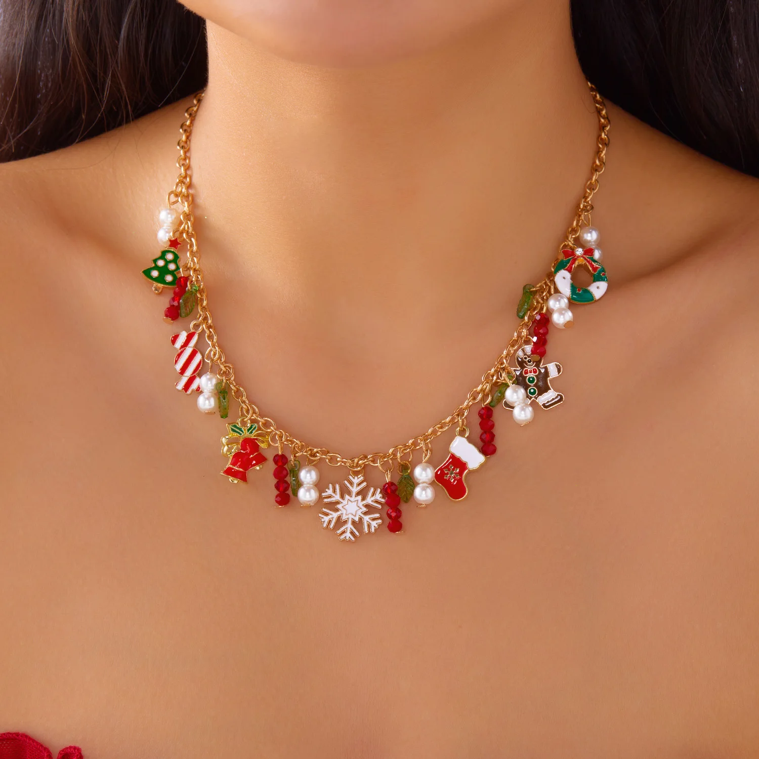 Christmas Layered Necklace For Women - Multi-Bead Choker With Santa, Snowman & Holiday Charms