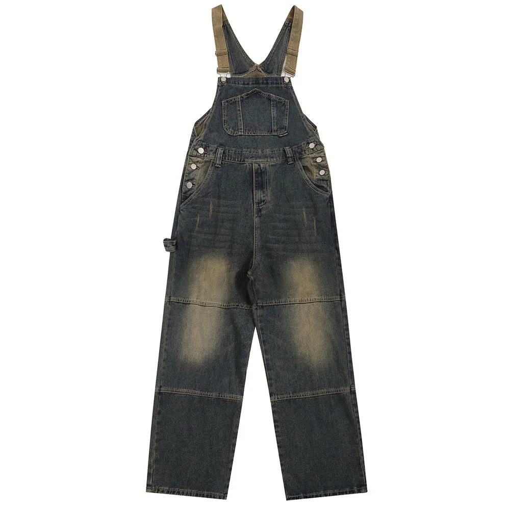 

Men Vintage Blue Denim Bib Overalls Loose Pockets Cargo Jeans Casual Suspenders Jumpsuits Retro Coveralls