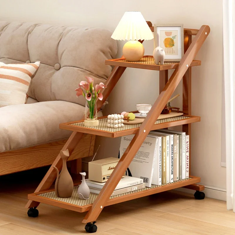 End Table with 3-Tier Storage Shelves Adjustable End Table with Wheels Rolling Bedside Wheels for Living Room Bedroom