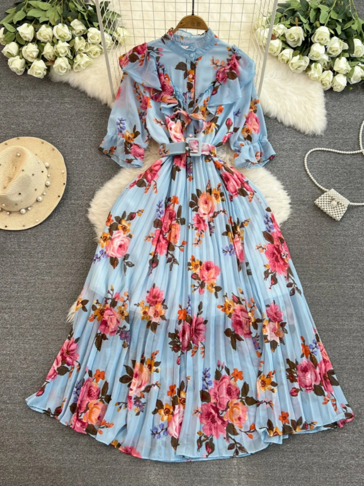 

Summer Chiffon Pleated Dress Women Half Sleeved Stand Neck Ruffle Edge Slim Vestidos Female High Waist Robe Elegant Long Dress
