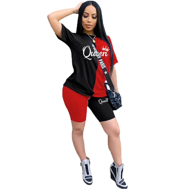 Women's two-piece jogging set casual pullover round neck short sleeved slim fit sportswear shorts short sleeved jogging set