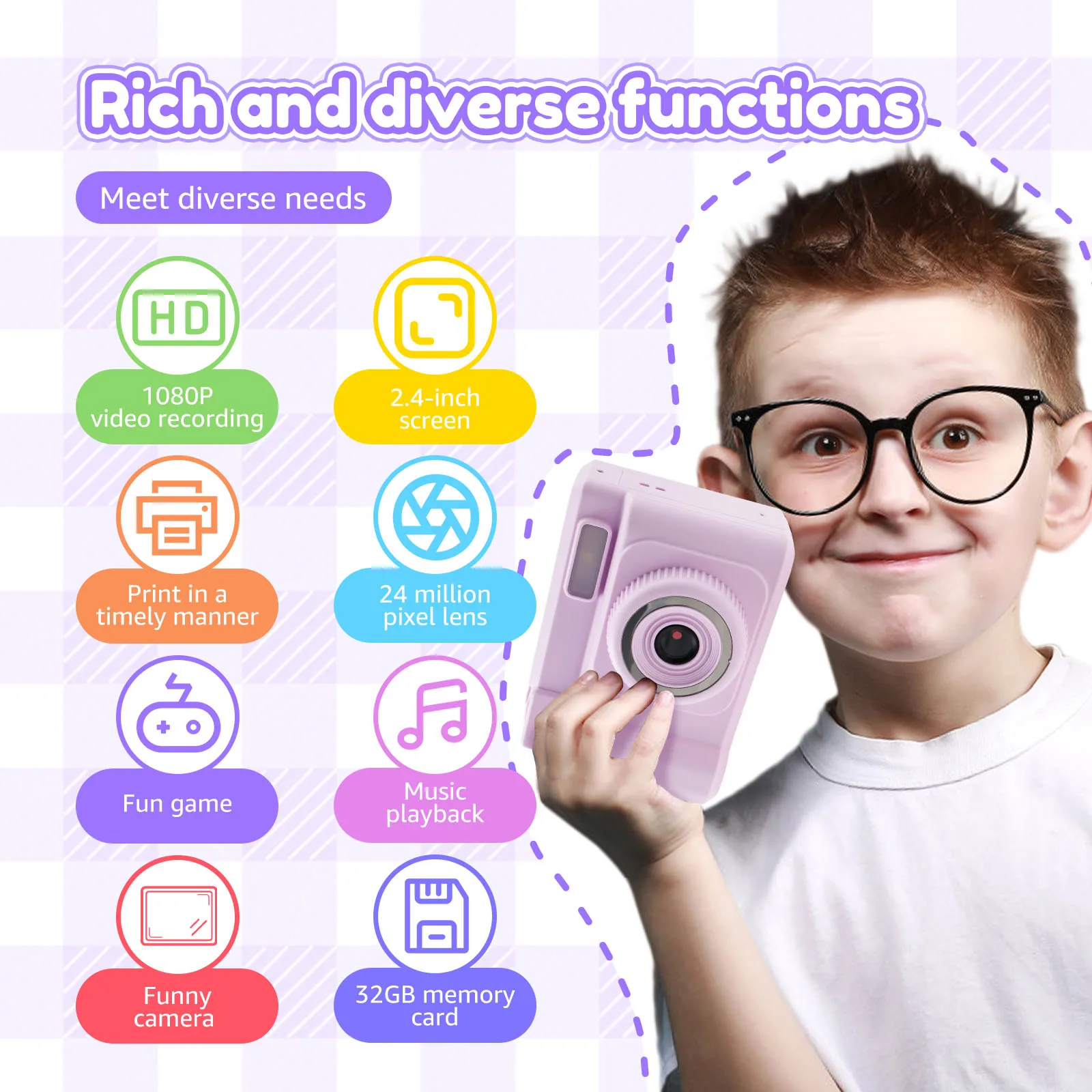 Kids Instant Print Camera with Printing Paper and 32G Card 1080P HD Video Kids Camera Instant Print Birthday Presents for Girls