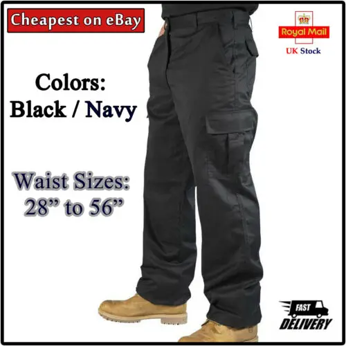 

Mens Cargo Combat Work Trousers Size 28 to 52 Black Navy - Machine Washable UK