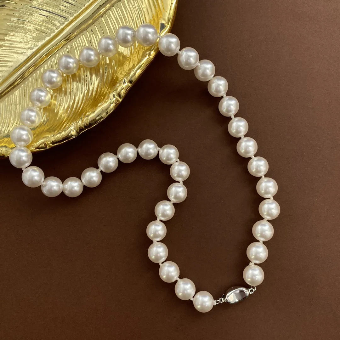 Women's wild gold ingot buckle 10mm round pearl necklace