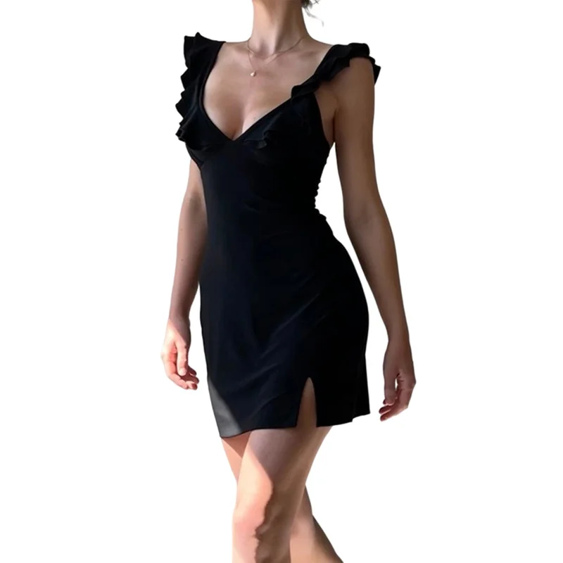 Vestido de verano Y2K para mujer, color liso, con volantes, escote en V profundo, lazo, dobladillo con abertura, minivestido ajustado, años 2000, vestidos de fiesta para salir