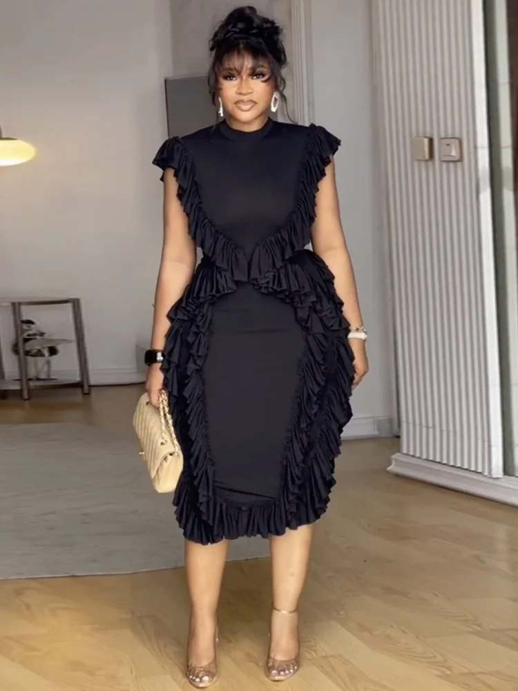 Wmstar Dress Women Wholesle New 2025 Summer Fashion Ruffled Waist Cinching Solid Color Body Hugging One Piece Luxury Clothe