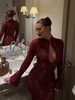 Sexy Lace Hollow Out Slim Evening Dresses Women Vintage Solid Flared Sleeve Button Collar Long Dress Female Chic Party Vestidos 3
