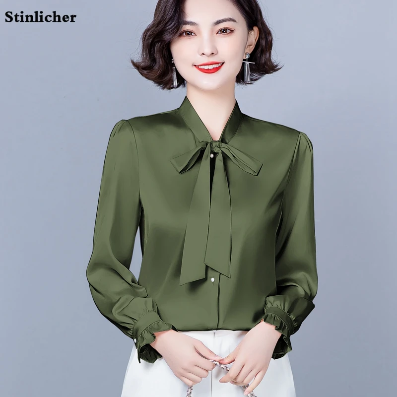

Elegant Bow Pearl Button Silk Shirts Women Blouses Long Flared Sleeves Office Ladies Work Shirts Casual Tops