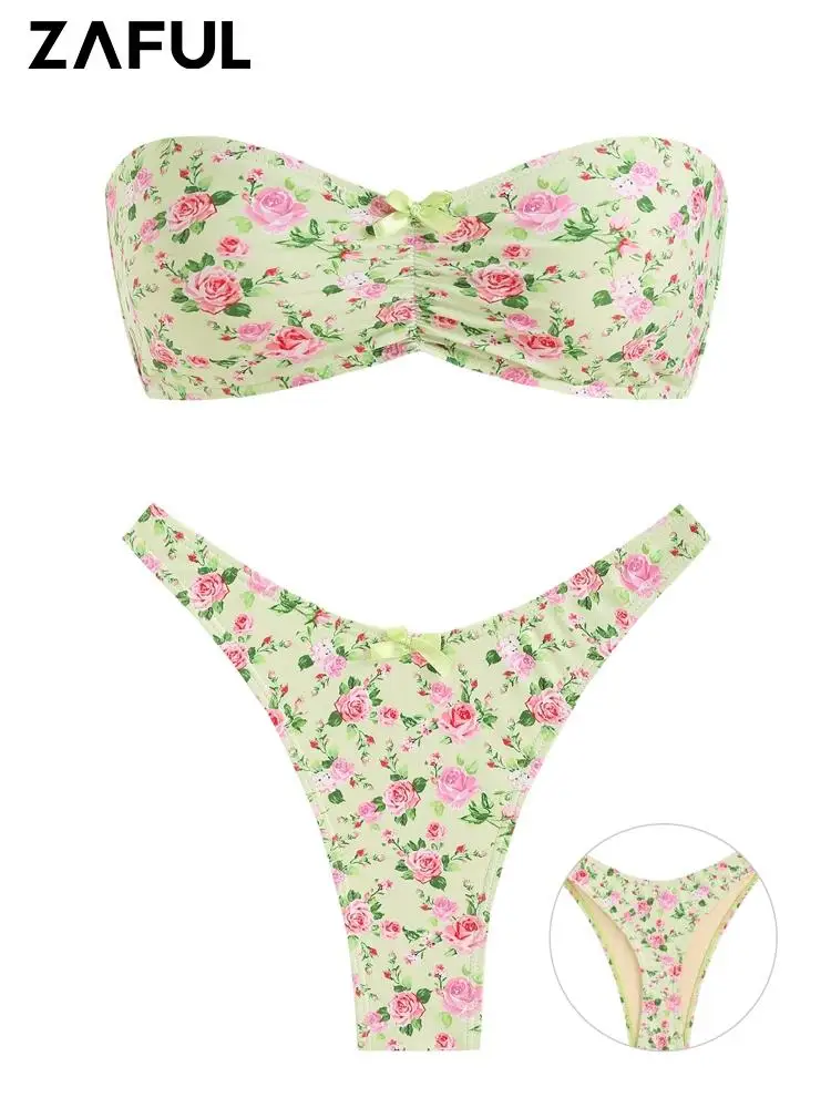 

ZAFUL Thong Bandeau Swimsuit For Women Ditsy Floral Print Cinched Bowknot Side Strapless Lace Up Bikini Set Swimwear Bikinis