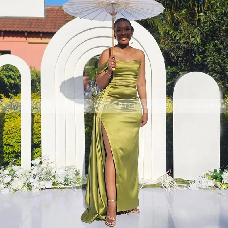 Sexy Chartreuse Bridesmaid Dresses with Side Slit Strapless Shiny Satin Mermaid Long Ribbon Bride Maid Of Honour Gown Customized