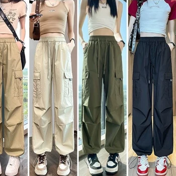 Fashion Women Joggers Pants Casual Female Chic Straight Cargo Pants Elastic High Waist Streetwear Slim Trousers Summer Thin