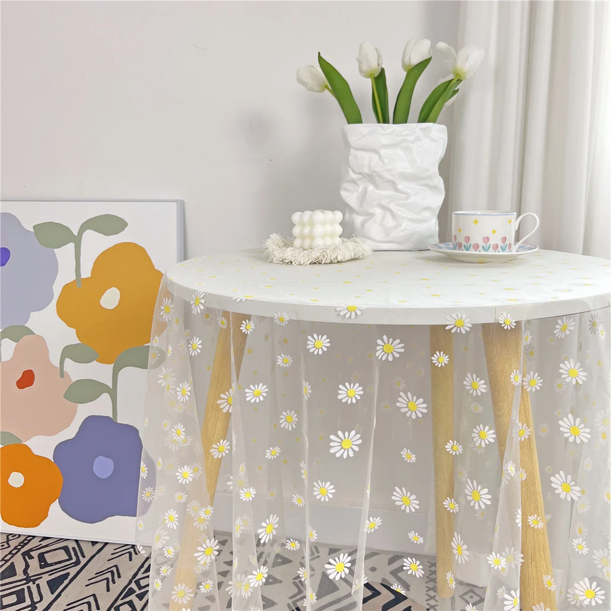 

Korean Style Small Daisy Floral Yarn Lace Tablecloth Luxury Decoration,Balcony Round Table Cover For Kitchen Wedding Dining Room