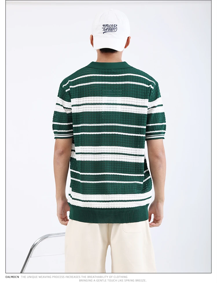 Loose Fit Knitted Polo Shirts Man Single Breasted Viscose Elastic Summer Quality Hollow Out Breathable Striped Camisas De Hombre 21 Sb30ef89ee9b741898fe90a870fabaf0aO