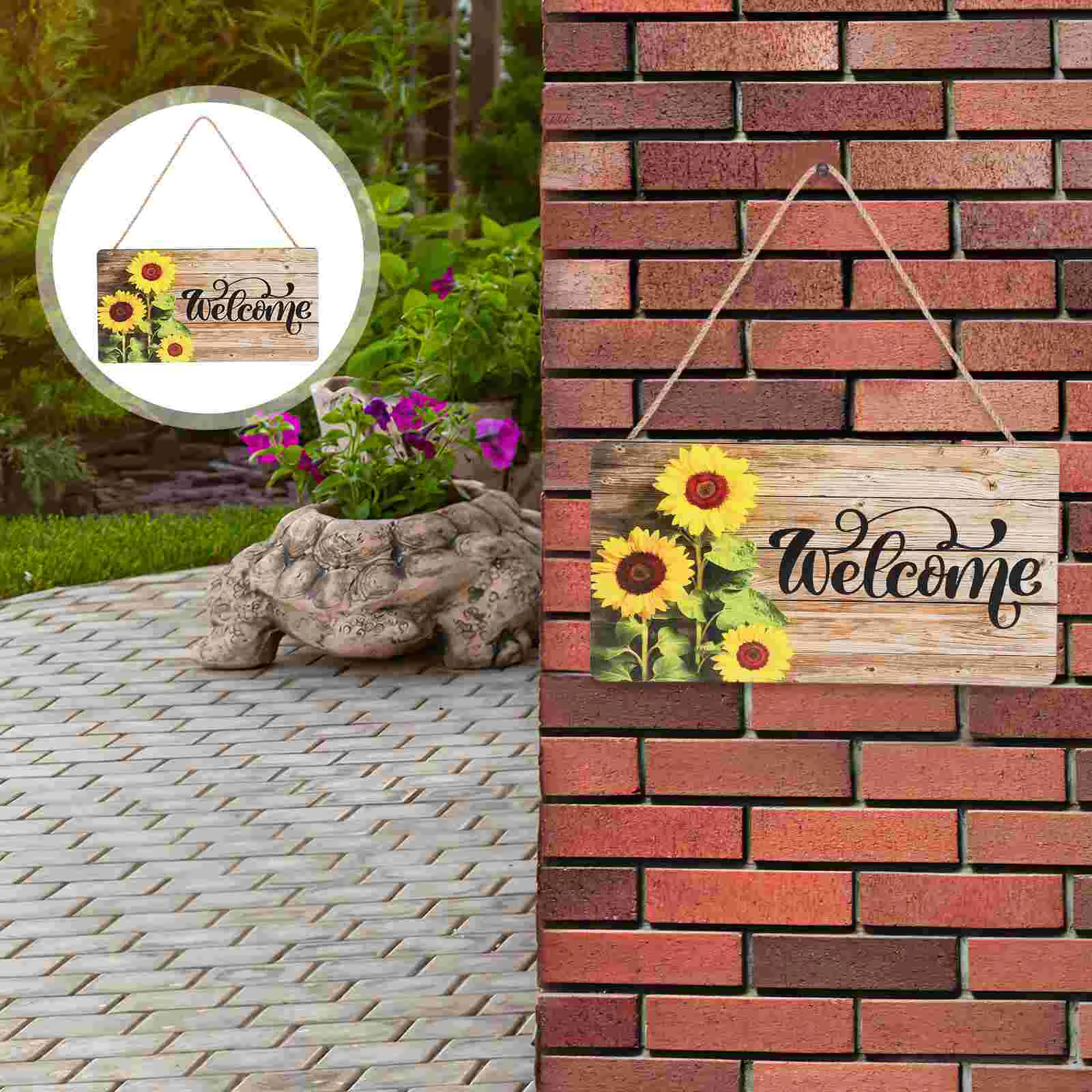 

Welcome Sign Decorative Wood Door Sunflower Pattern Porch Pendant for Restaurant