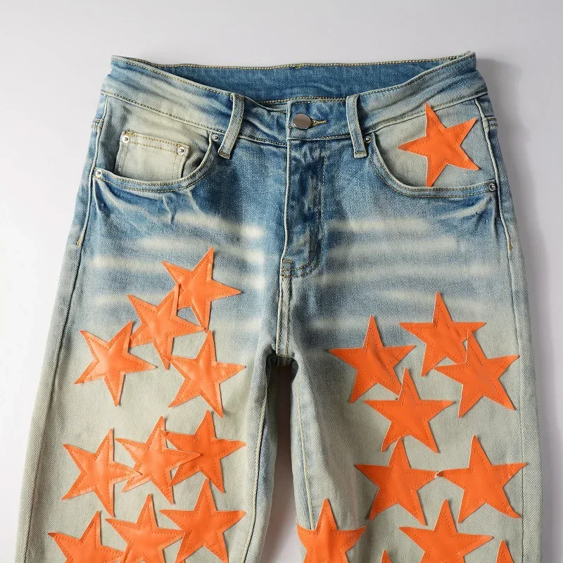 Men Leather Stars Patches Jeans Streetwear Slim Skinny Stretch Denim Pencil Pants Holes Ripped Patchwork Tapered Trousers
