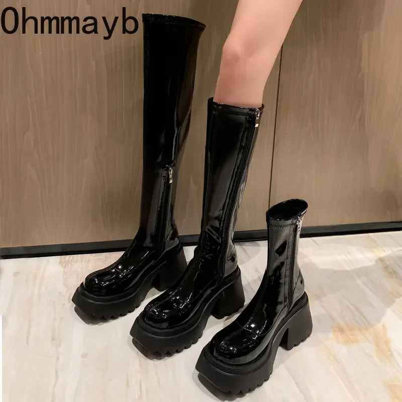 Punk Style Woman Knee-High Boots Zipper Fashion Patent Leather High Heel Ladies Shoes
