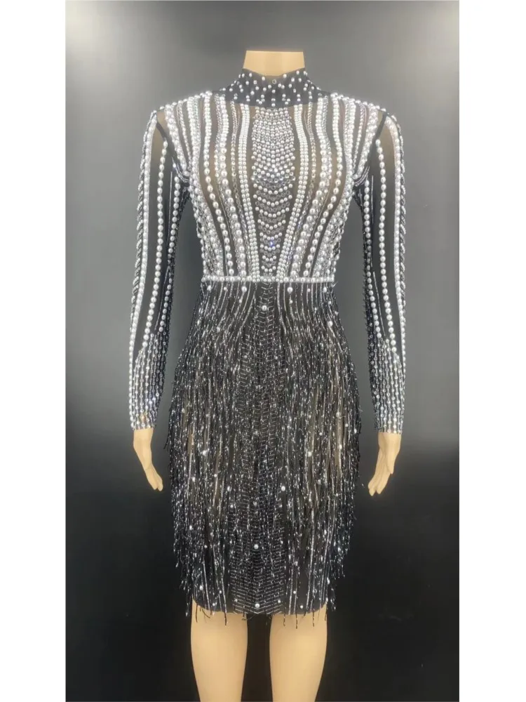 

Women Sexy Sparkly Rhinestone Dress Tassel Pearls Wear Dance Costume