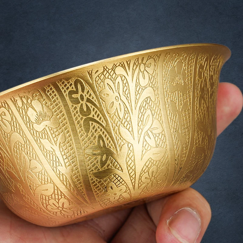 Pure Brass Antique Water Cup for Buddha, Pattern style, Holy Water Cup, Buddhist Supplies, Golded Small Bowl Ornaments, 1Pc