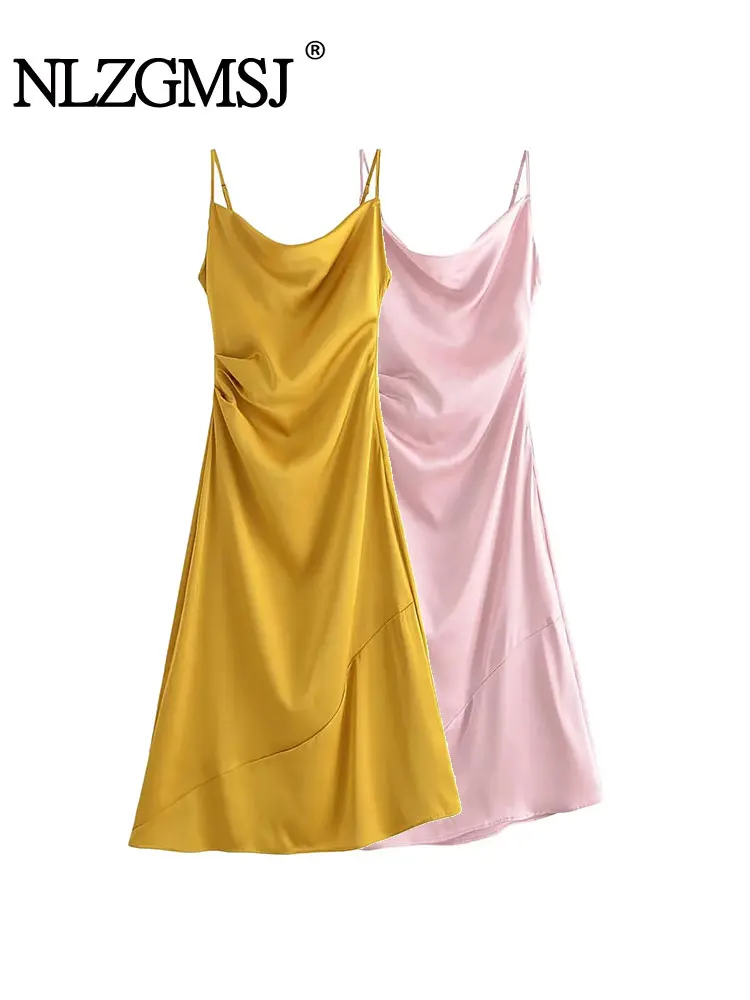 

Nlzgmsj TRAF 2023 Summer Women Fashion Solid color Spaghetti Strap Side Pleats Design Hem Irregular Sexy Party Midi Dress