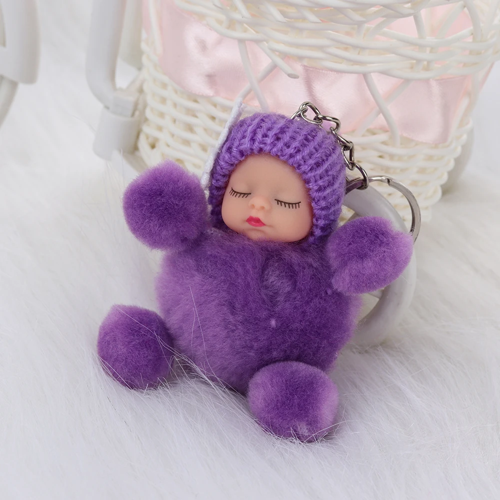 Cute Sleeping Baby Bowtie Fluffy Pompom Fur Plush Doll Keychain 1 Pcs