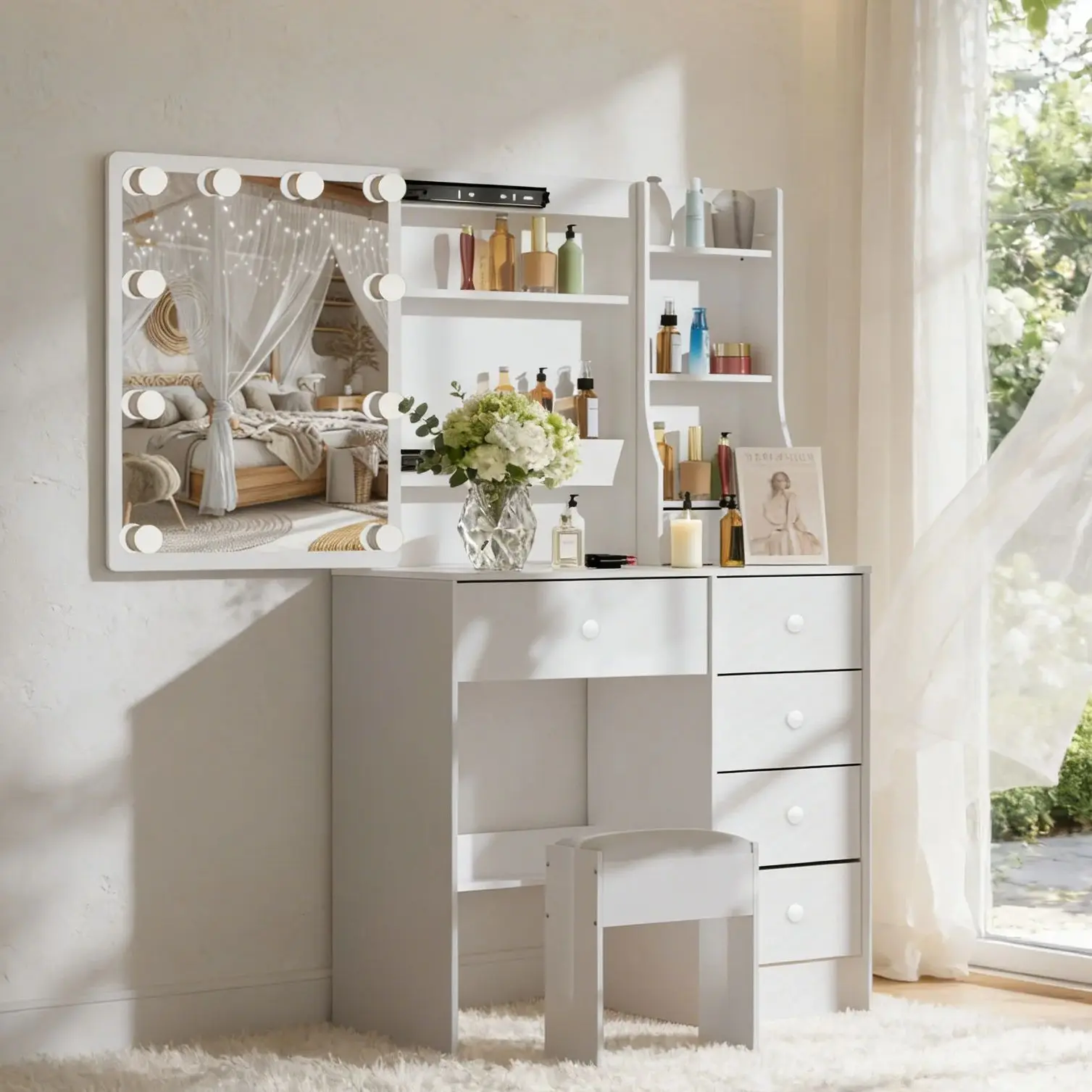 Modern Makeup Vanity Dressing Table Set with 10 Led Lighted Adjustable Mirror, Vanity Stool & 6 Drawers Storage Organizer
