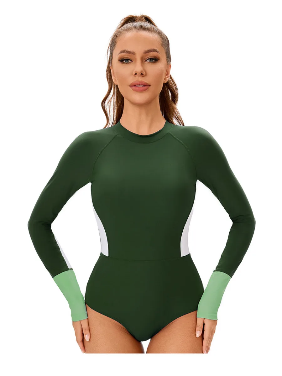 Women's One Piece Surfing Suit Zippe Long Sleeve Round Neck Conservative Sunscreen Bikini Monokini