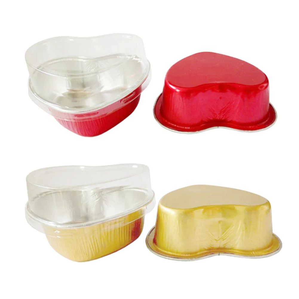 50pcs 100ml Disposable Heart Shaped Cake Pan Aluminum Foil Pudding Cupcake Cup with Lids Baking Cheese
