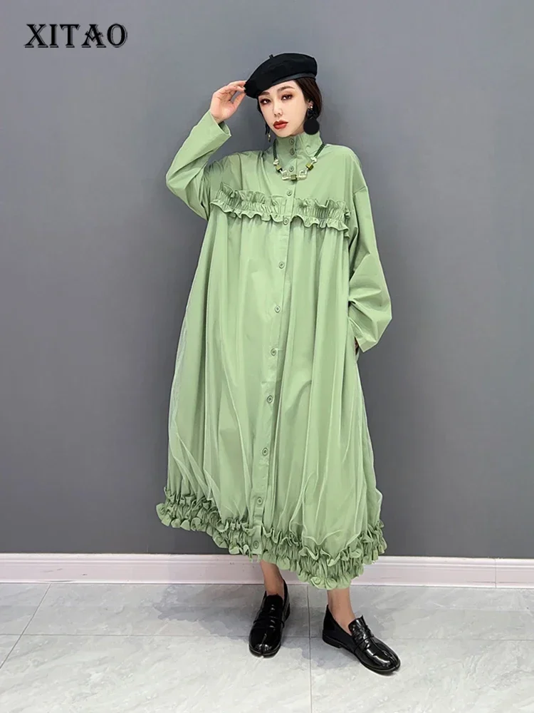 

XITAO Mesh Patchwork Dress Loose Folds Edible Tree Fungus Splicing Fashion Casual Stand Collar Shirt Dress New Women ZY8158