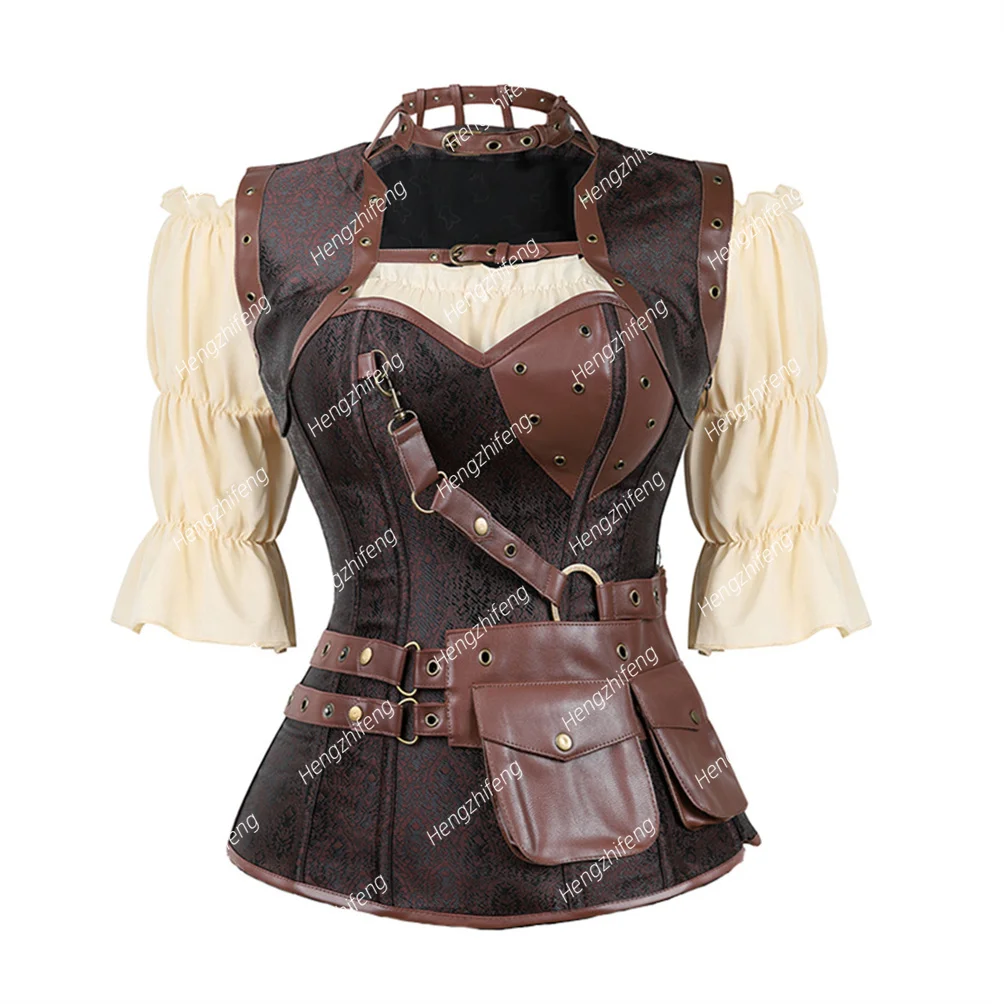 

Corset with Renaissance Blouse Set Steampunk Corsets Leather Pirate Bustier Gothic Punk Outerwear Corselet Overbust Costumes