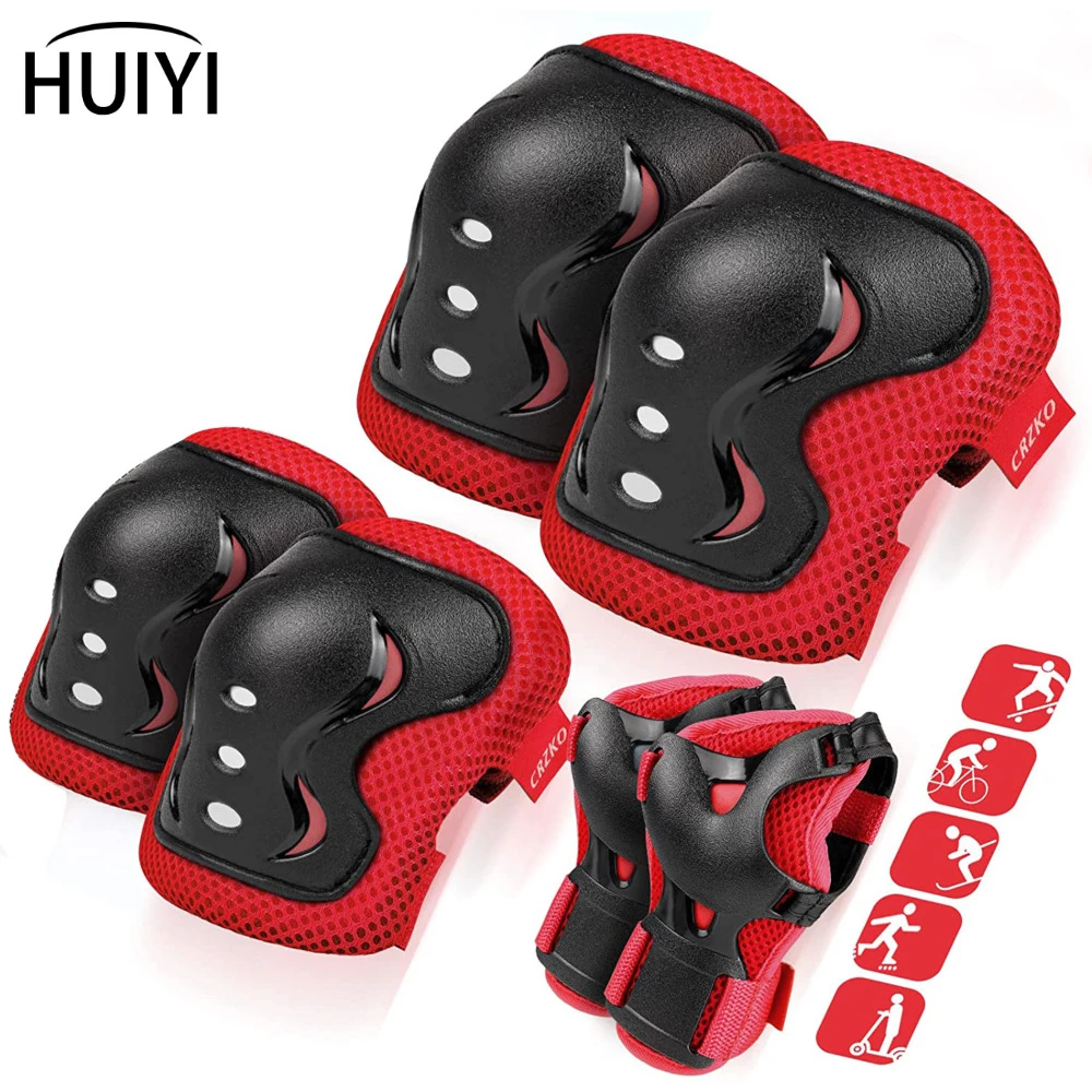 Skateboard Sponge Palm Elbow Knee Support Sports Protective Pads Red Black 6 Pcs 