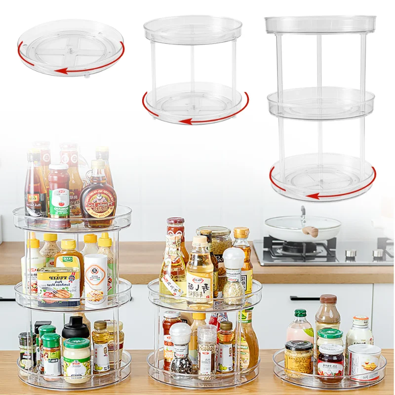 360 Degree Rotatable Condiment Storage Rack Spices Condiments Holder Tray Shelves Fridge Kitchen