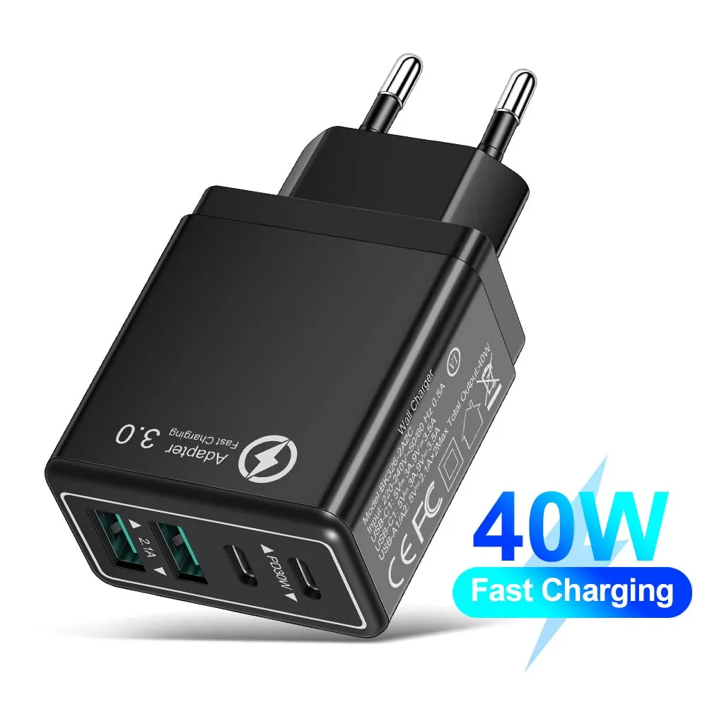 40W USB C Fast Charger QC3.0 EU/US/UK Plug Phone Charger Adapter For iPhone Xiaomi Samsung Quick Charging Type C Wall Charger