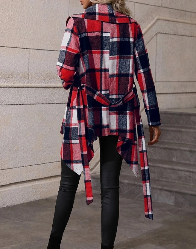 Female Casual Clothing Plaid Pattern Tied Detail Asymmetrical Coat Women's Shawl Collar Long Sleeve Fashion Coats