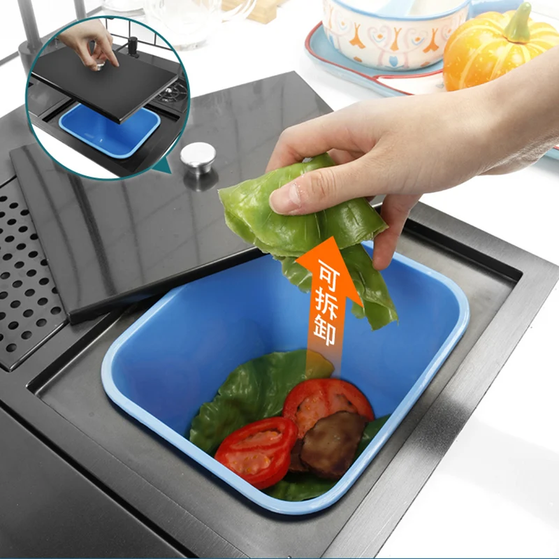 Black Nano Washer Kitchen Sink Stainless Steel Multi-Function with Trash Can Hidden Single-Slot Bar with Cover Plate Wash Basin 5