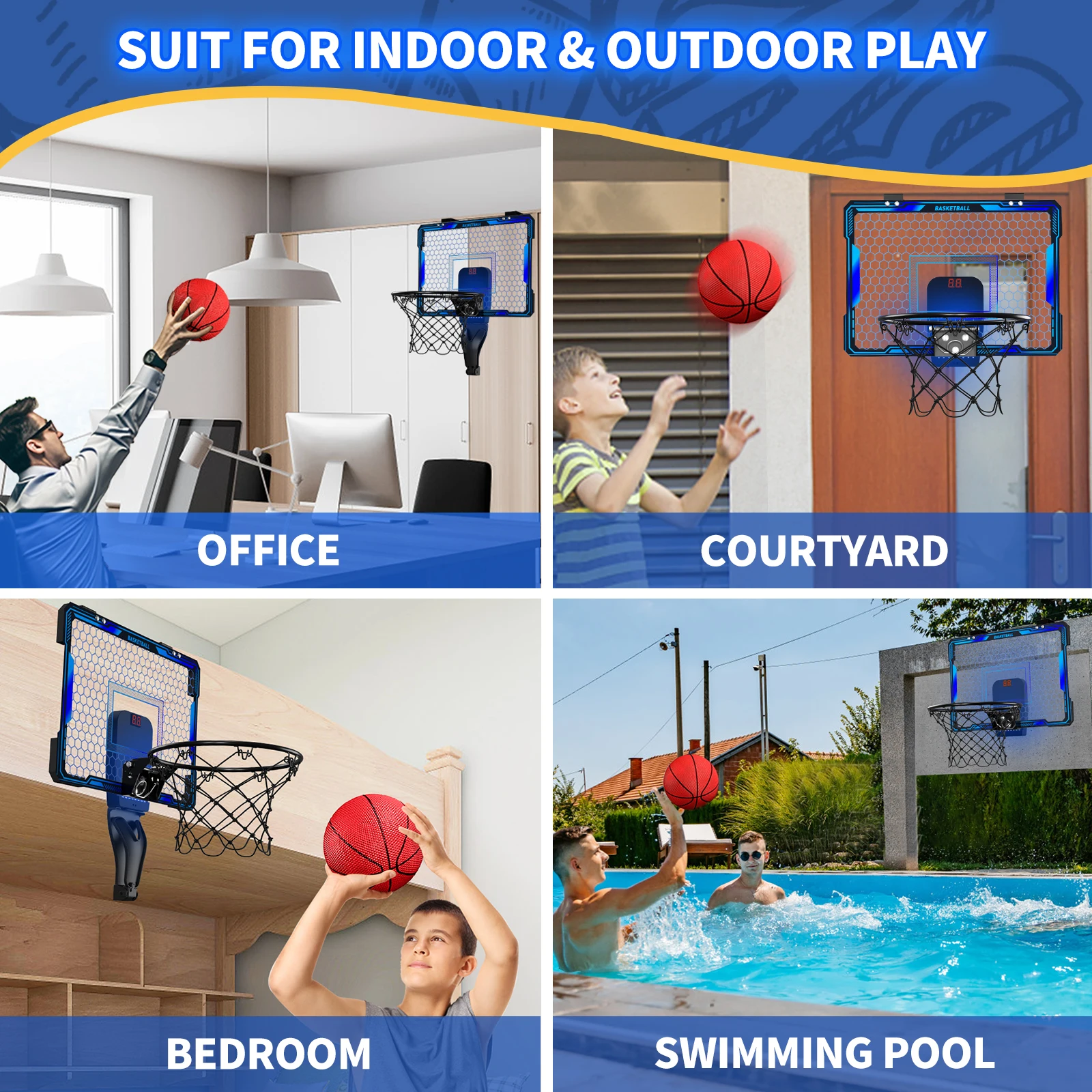 Remote Control Basketball Hoop Indoor with 7 LED Lighting, Over Door Basketball Hoop, Basketball Toys Gift for Kids, Adults