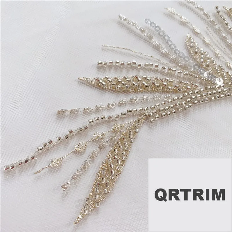 Mesh Lace Trims Sew On Patches, Gold Thread, Silver Beads, Feather Leaves, Embroidery, Wedding Appliques, DIY Decoration 45x49cm