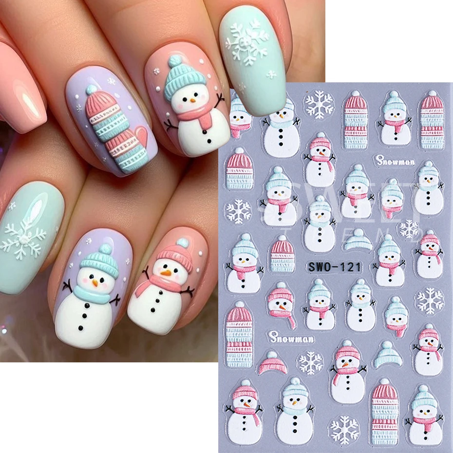 3pcs Embossed Christmas Nail Stickers Cute Snowman Santa Claus Penguin Bear Nail Decals Autumn Winter Nail Supplies Decoration