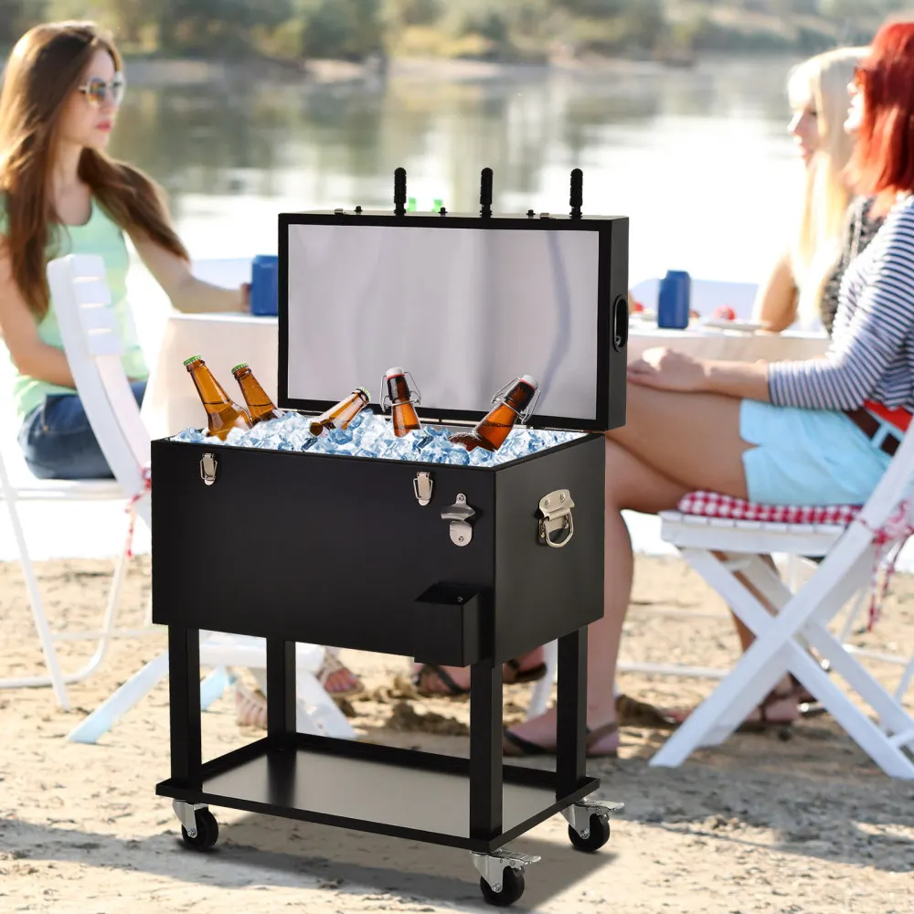 68QT Patio Cooler Ice Chest with Foosball Table Top, Portable Poolside Party Bar Cold Drink Rolling Cart on Wheels with Tray