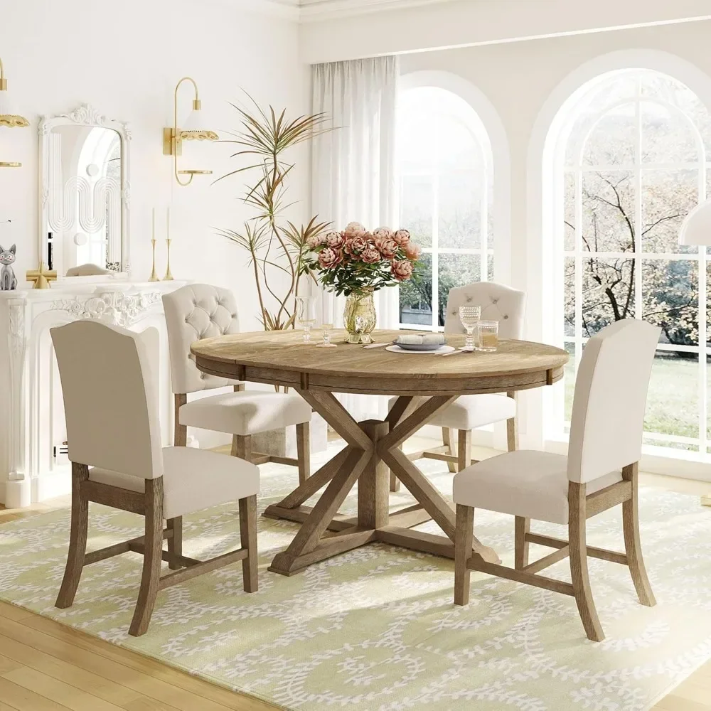 5 Piece Dining Table Set, Solid Wood Kitchen with Extendable Round Table and 4 Upholstered Chairs for Kitchen, Dining Room
