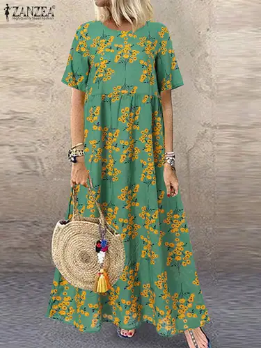 2023 여성 여름 드레스 ZANZEA 반팔 캐주얼 플로랄 프린트 Vestido O 넥 홀리데이 Kaftan 배기 롱 맥시 드레스 Sundress 6