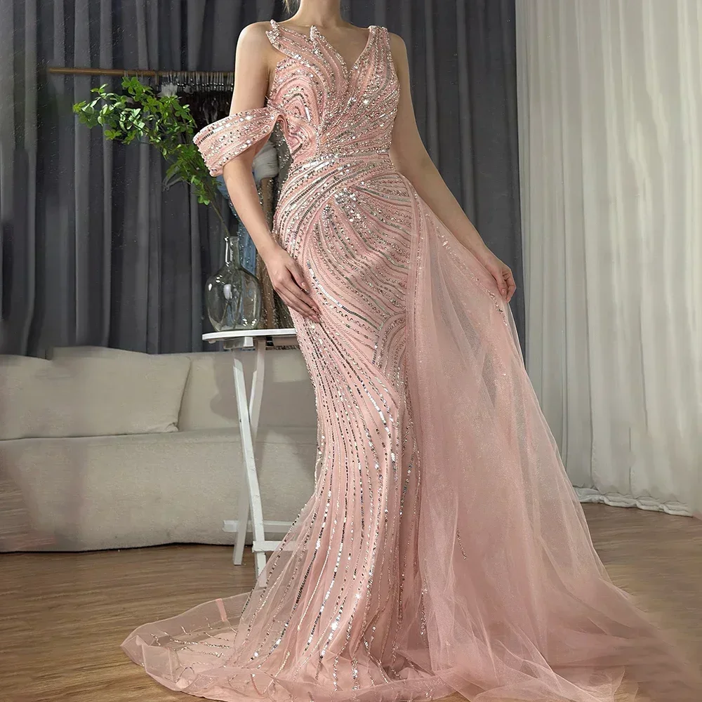Muslim Pink Luxury Beaded Overskirt Mermaid Evening Dresses Gowns 2025 For Woman Party  LA71482