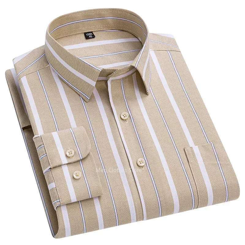 Camicia sociale a maniche lunghe da uomo in puro cotone 100% di nuova qualità per camicia Oxford da uomo camicie Casual da lavoro a righe scozzese S-8XL 2