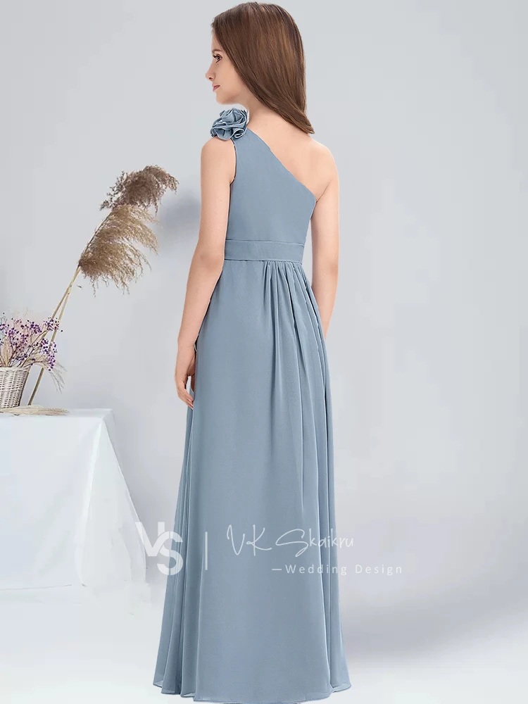 A-line abito da damigella d'onore Junior in Chiffon lungo fino al pavimento con fiore Dusty Blue Flower Girl Dress Party per bambini da sposa