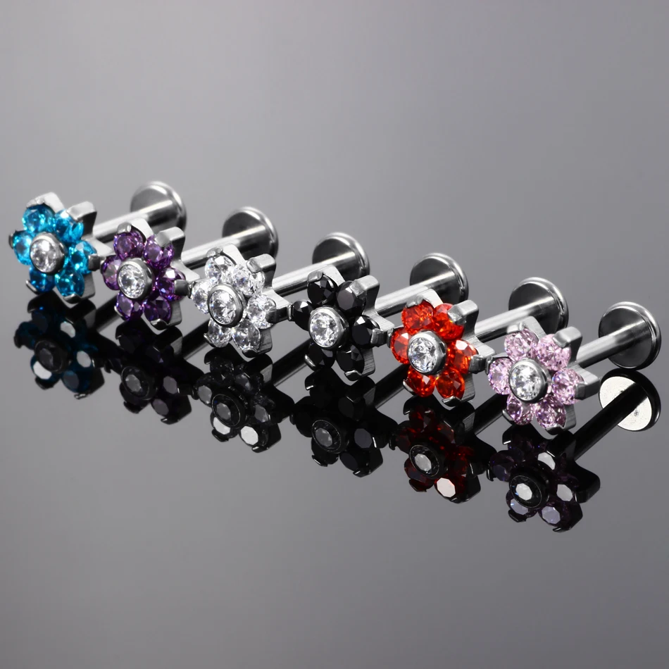 10Pcs /Lot Titanium Ear Piercing Stud Earrings Internally Threaded Labret Lip Ring Flower Ear Piercer Tragus Pirsings Jewelry