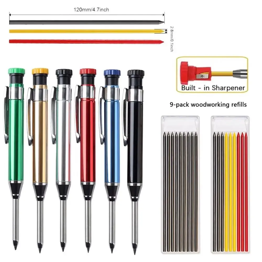 All Metal Deep Hole Marking Pencil 2.8mm Built-in Sharpener Woodworking Pencil Deep Hole Marking Long Head Mechanical Pencil