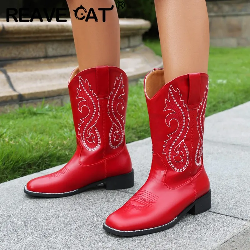 

REAVE CAT Classic Women Mid Calf Boots Square Toe Block Heels 3.5cm Slip On Embroider Leisure Western Booties Plus Size 42 43